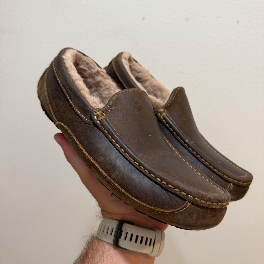 UGG Ascot Mens Leather Loafers Espresso Brown Shearling Lined 1103889 Size 7